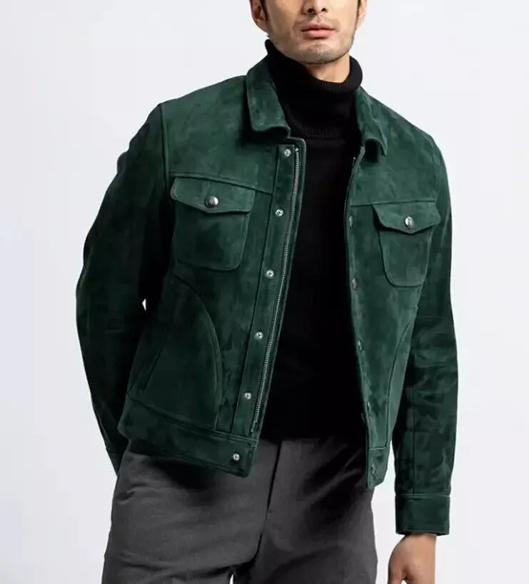 Carry Green Leather Suede Jacket Men Biker Motorcycle