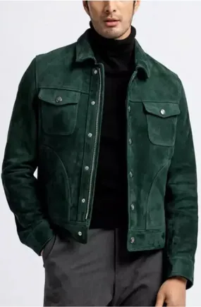 Carry Green Leather Suede Jacket Men Biker Motorcycle
