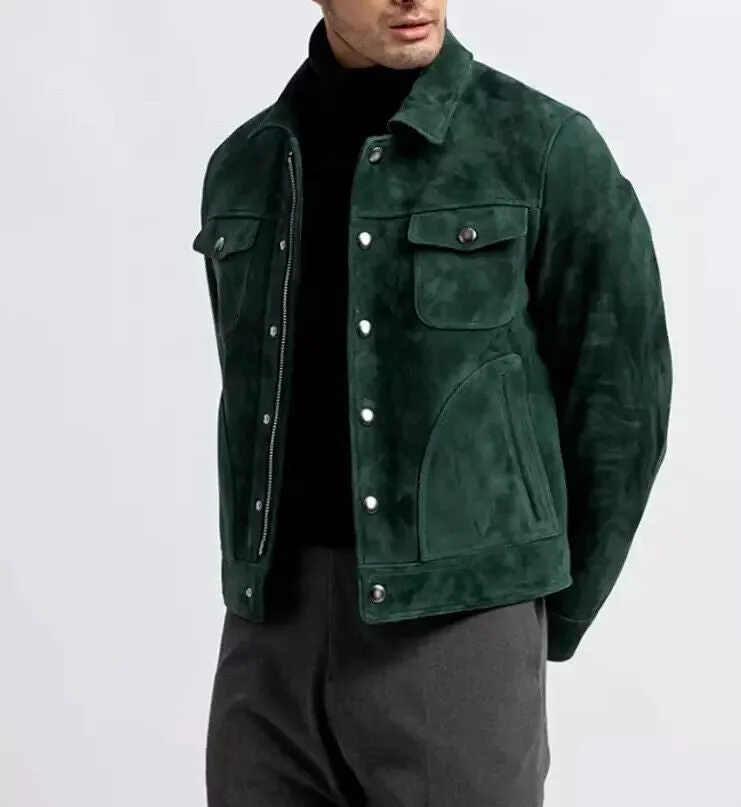 Carry Green Leather Suede Jacket Men Biker Motorcycle