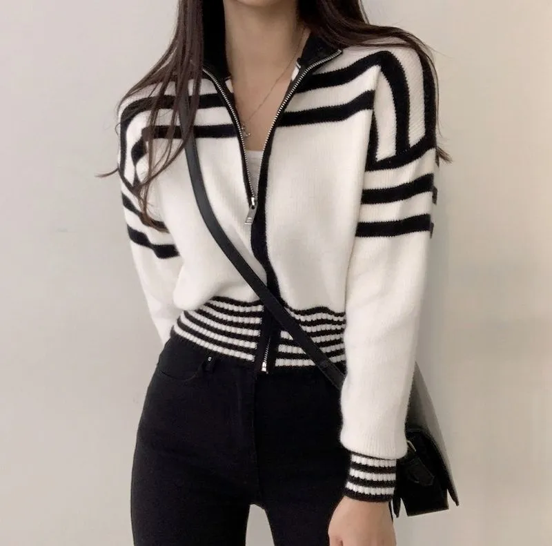 christmas outfit Sonicelife Collar Neck Stripe Short Cardigan