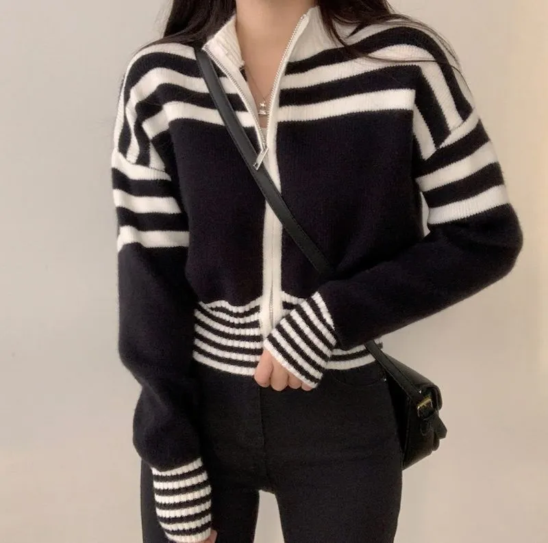 christmas outfit Sonicelife Collar Neck Stripe Short Cardigan