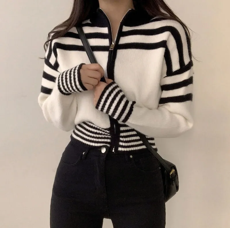 christmas outfit Sonicelife Collar Neck Stripe Short Cardigan