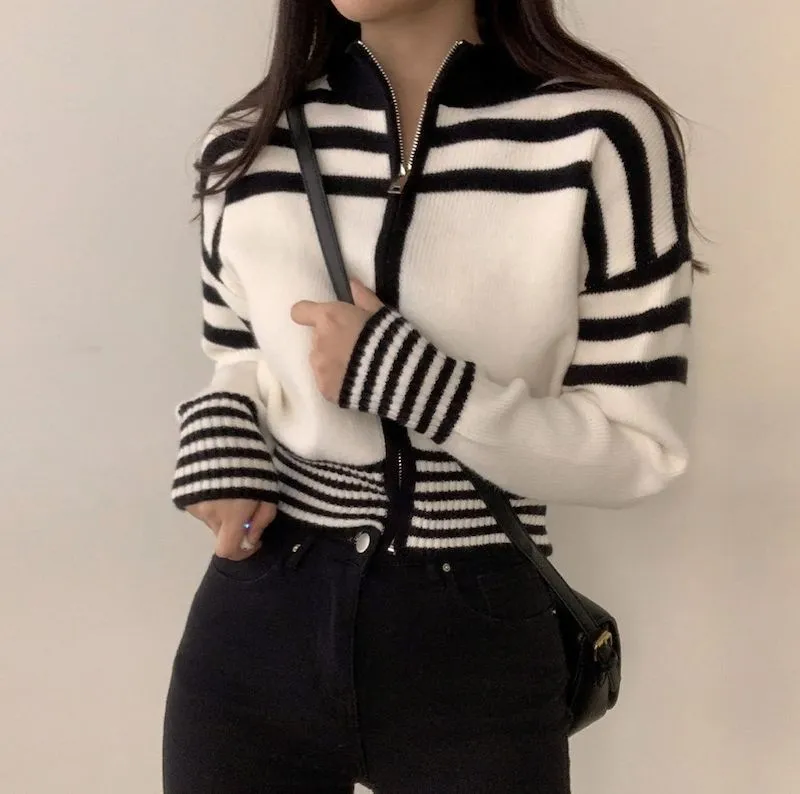 christmas outfit Sonicelife Collar Neck Stripe Short Cardigan