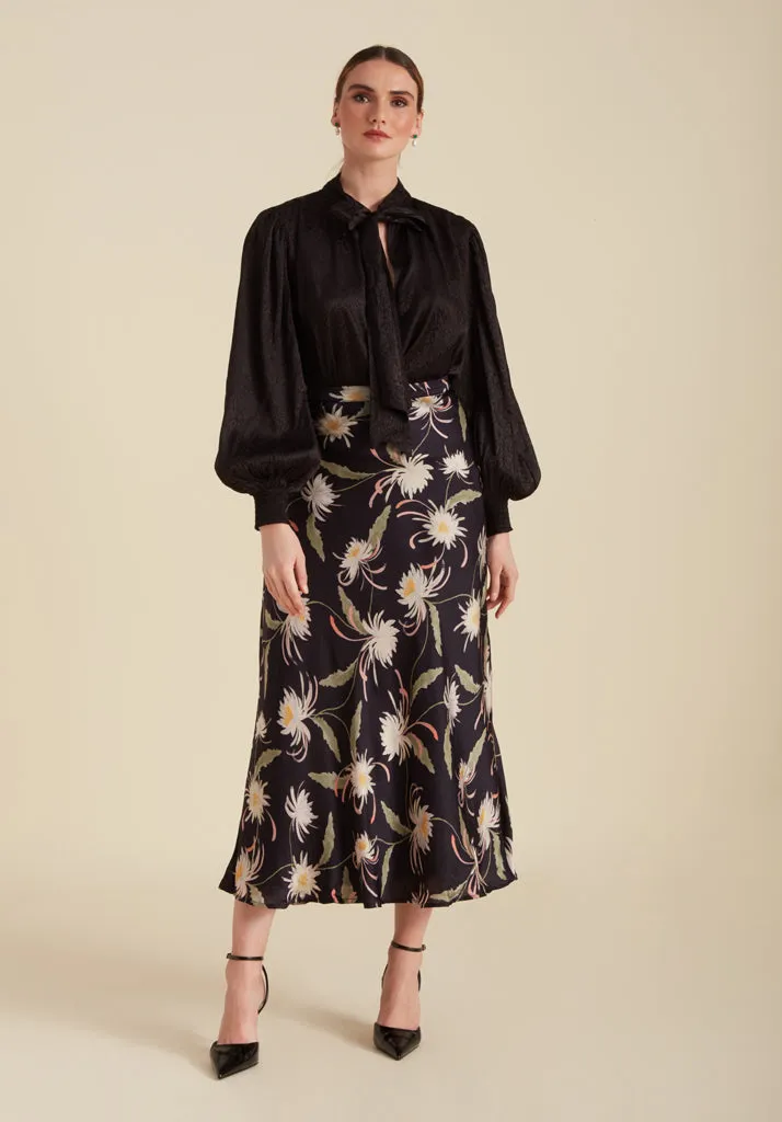 Clara Bias Cut Moonflower Print Midi Skirt In Navy