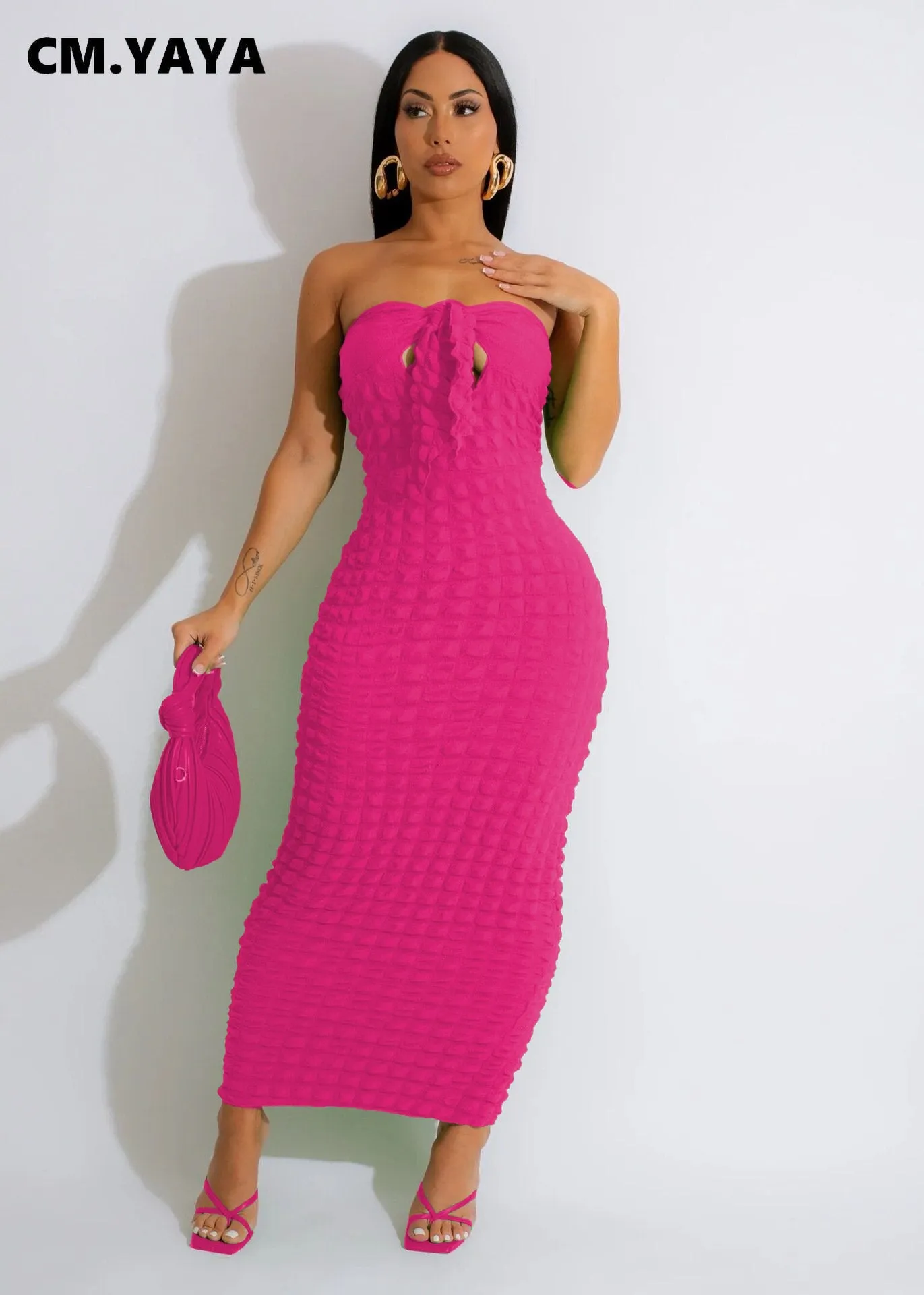 CM.YAYA Women Seersucker Bowknot Strapless Maxi Long Bodycon Dress