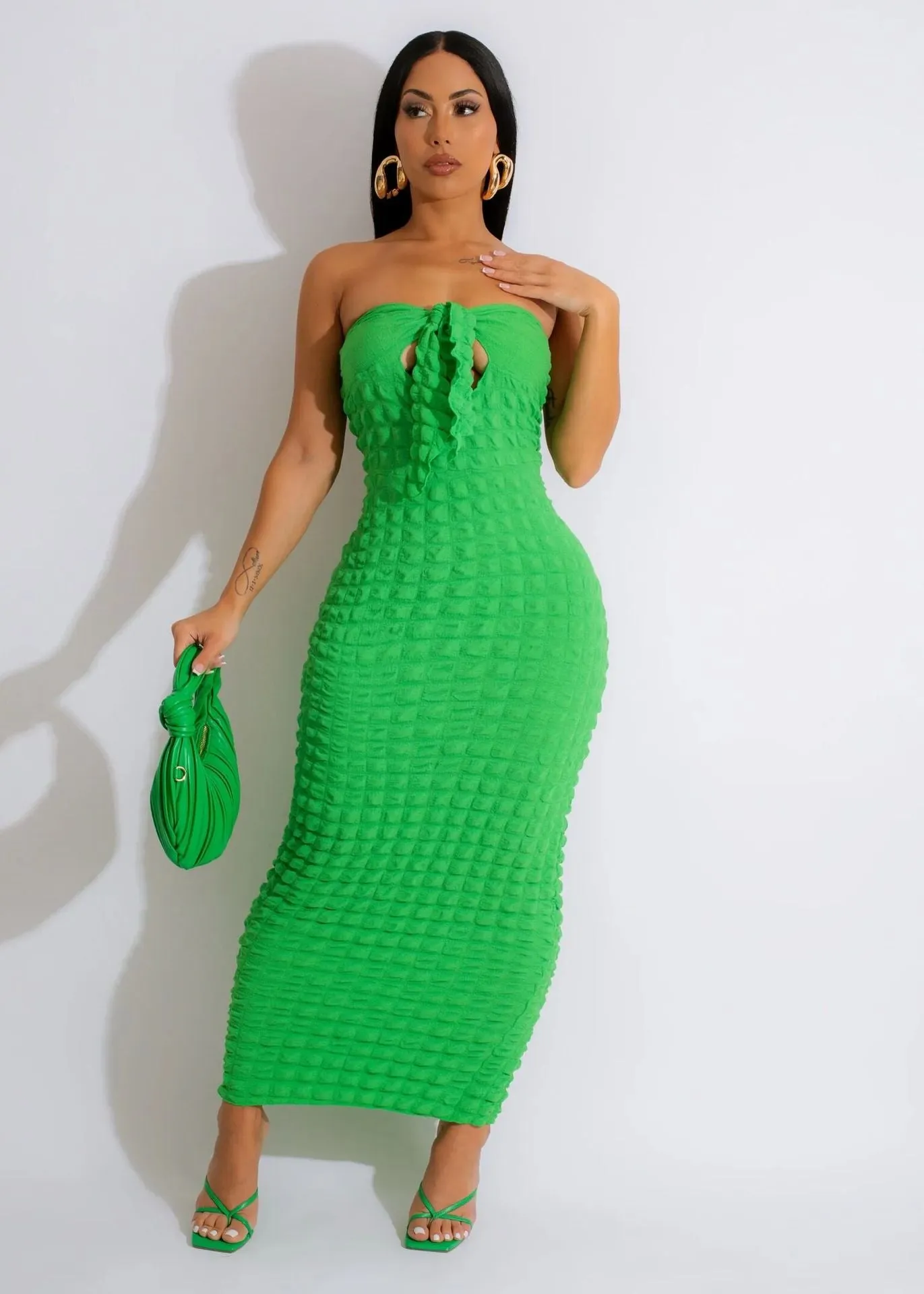 CM.YAYA Women Seersucker Bowknot Strapless Maxi Long Bodycon Dress