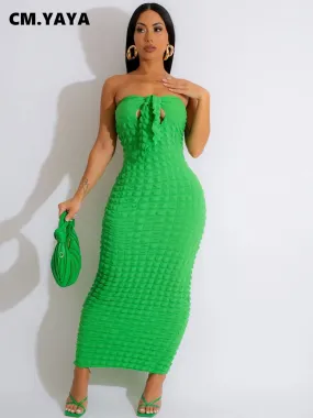 CM.YAYA Women Seersucker Bowknot Strapless Maxi Long Bodycon Dress