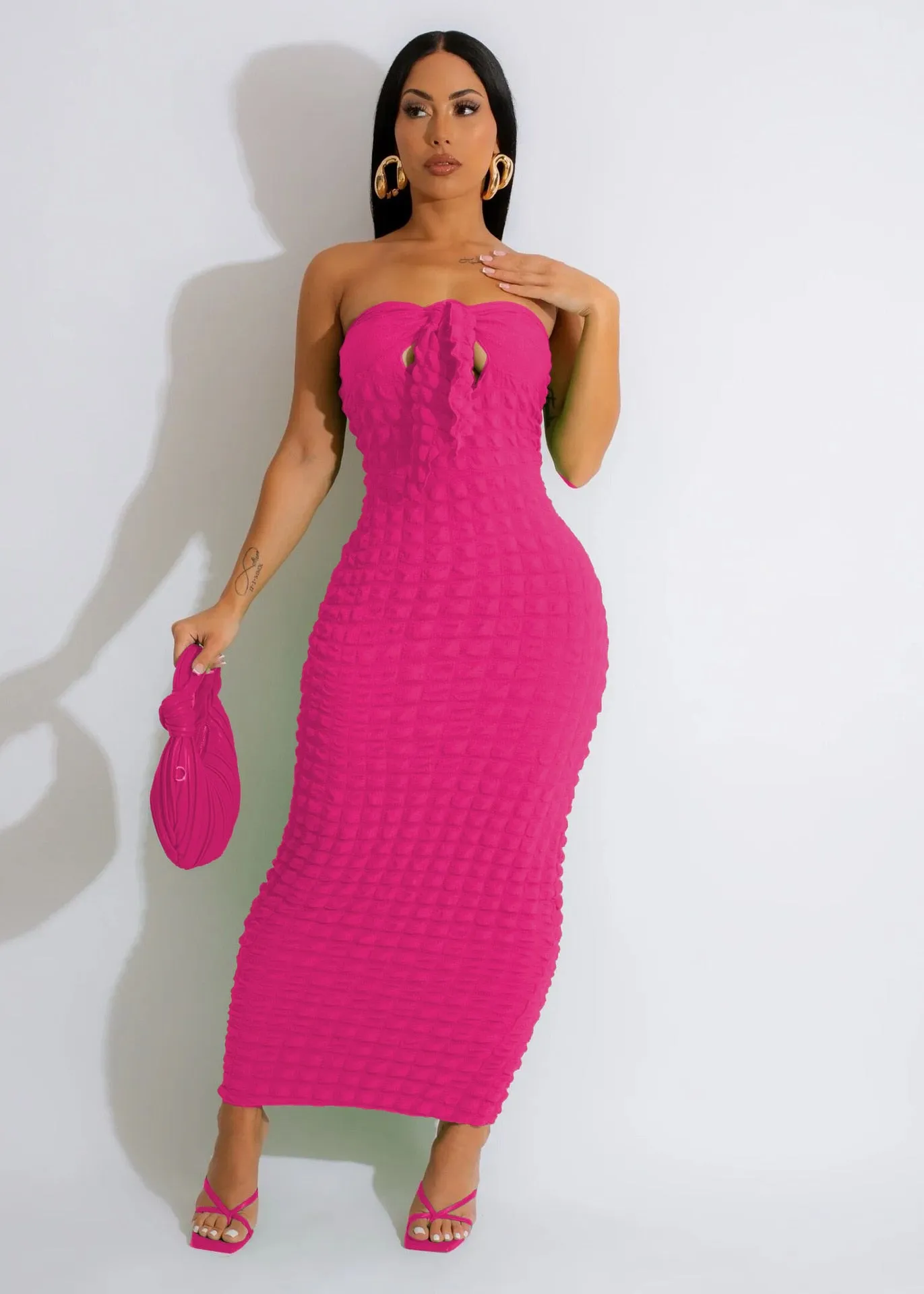 CM.YAYA Women Seersucker Bowknot Strapless Maxi Long Bodycon Dress