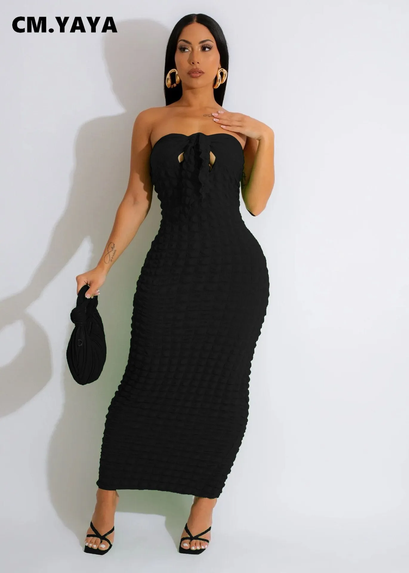 CM.YAYA Women Seersucker Bowknot Strapless Maxi Long Bodycon Dress