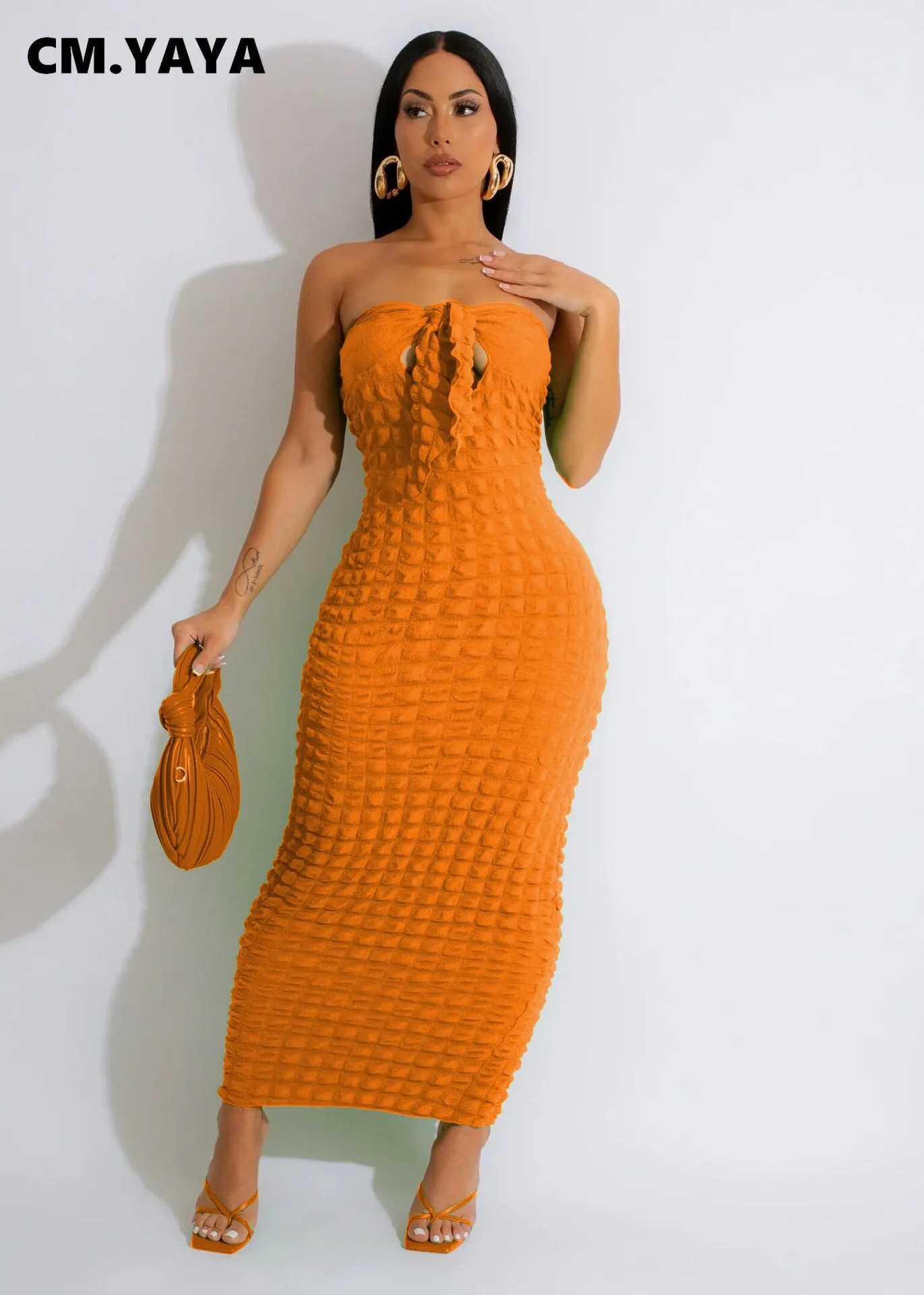 CM.YAYA Women Seersucker Bowknot Strapless Maxi Long Bodycon Dress