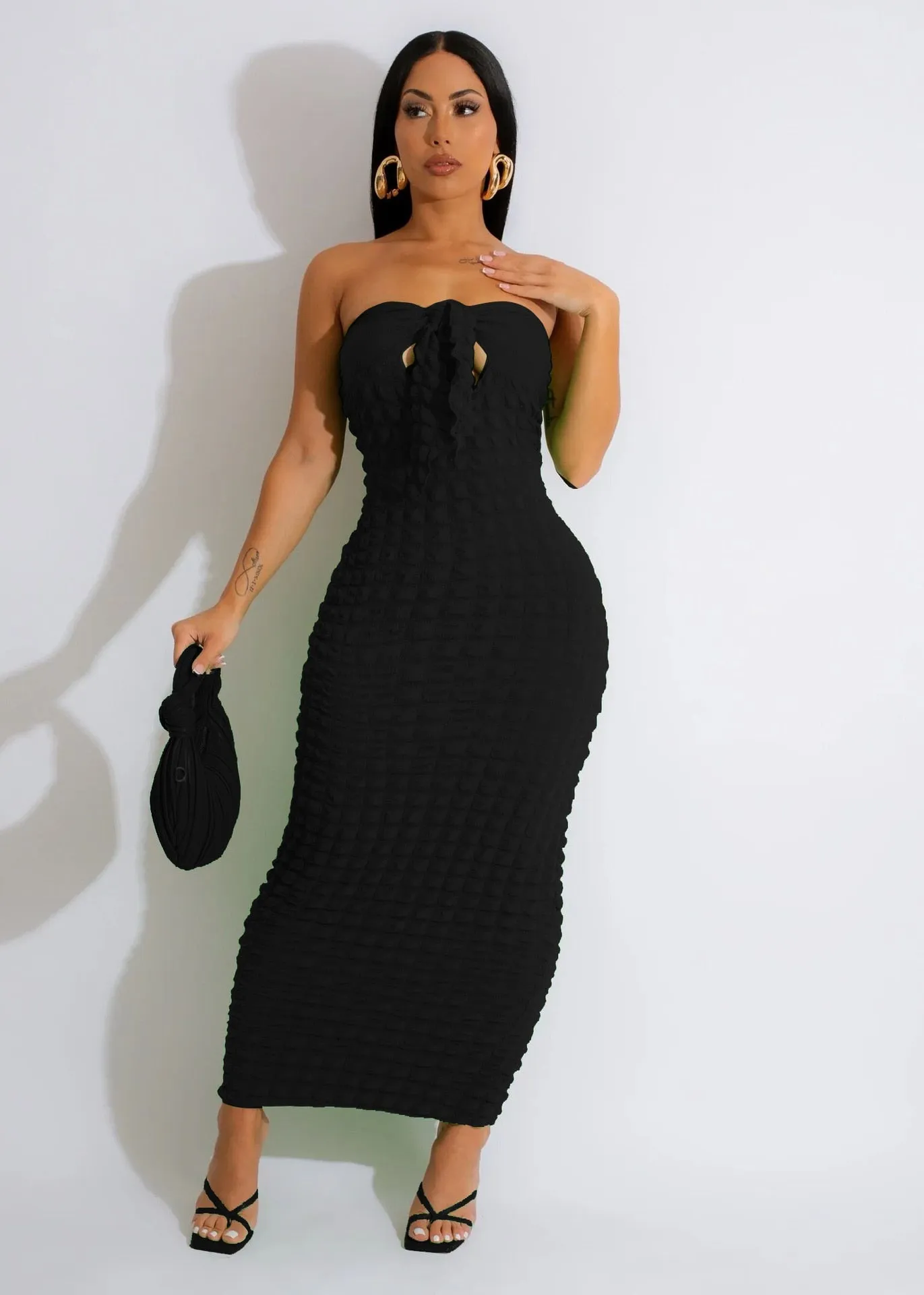 CM.YAYA Women Seersucker Bowknot Strapless Maxi Long Bodycon Dress