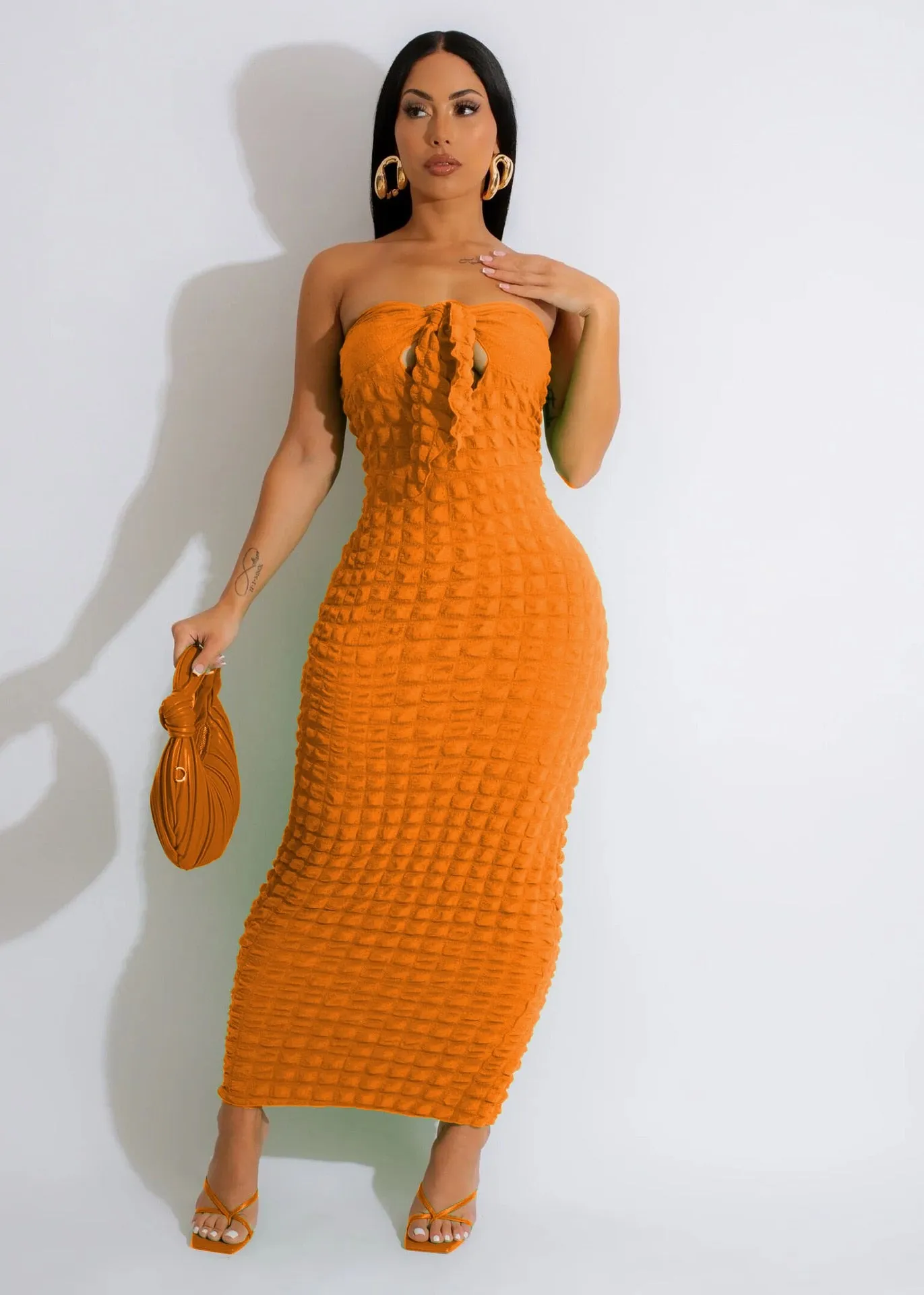 CM.YAYA Women Seersucker Bowknot Strapless Maxi Long Bodycon Dress