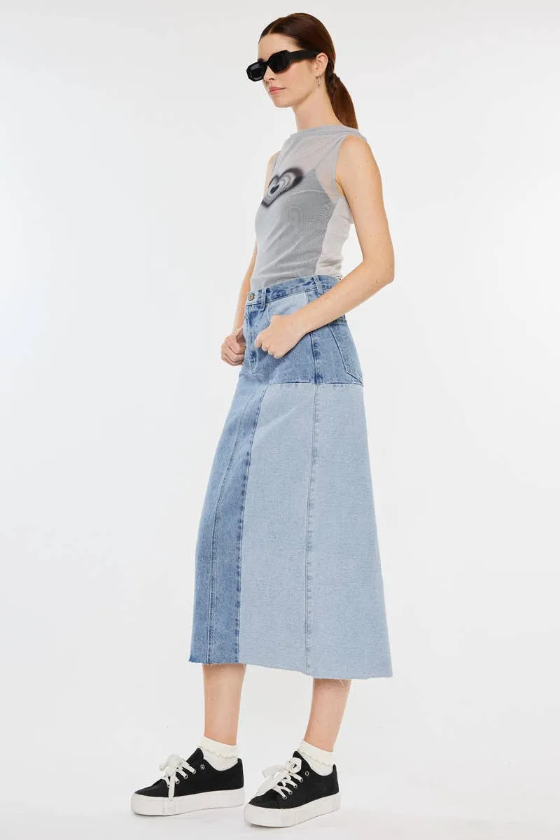 Color Block Denim Midi Skirt