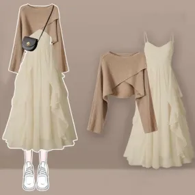 Cross Knit Sweater Flouncing Slip Dress Set