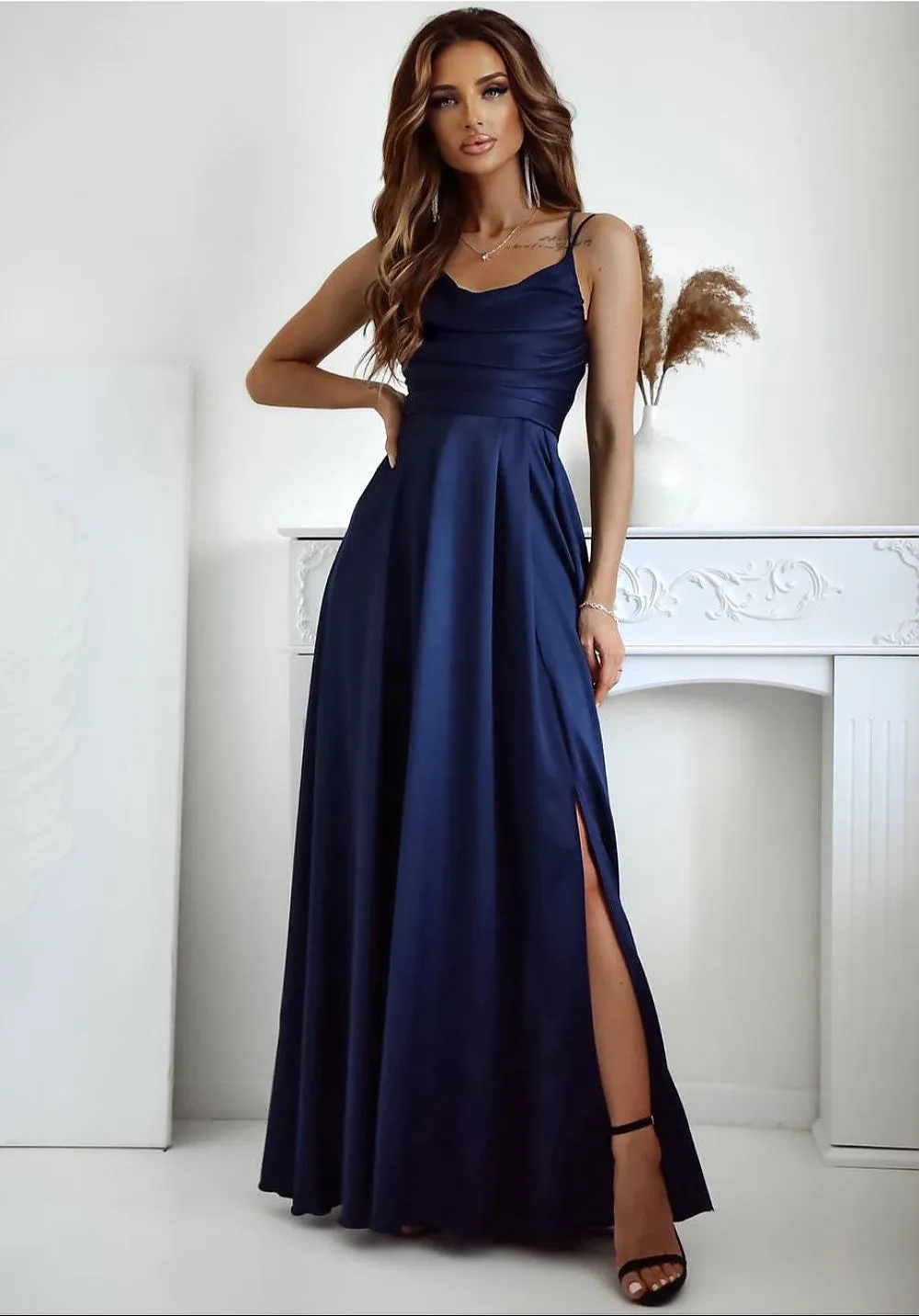 Elegant water neck long formal dress with a slit