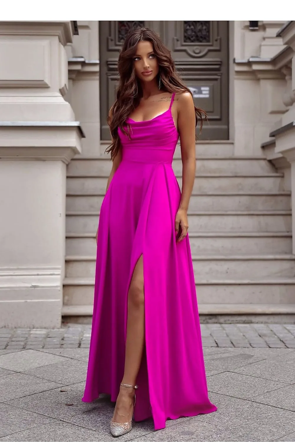 Elegant water neck long formal dress with a slit