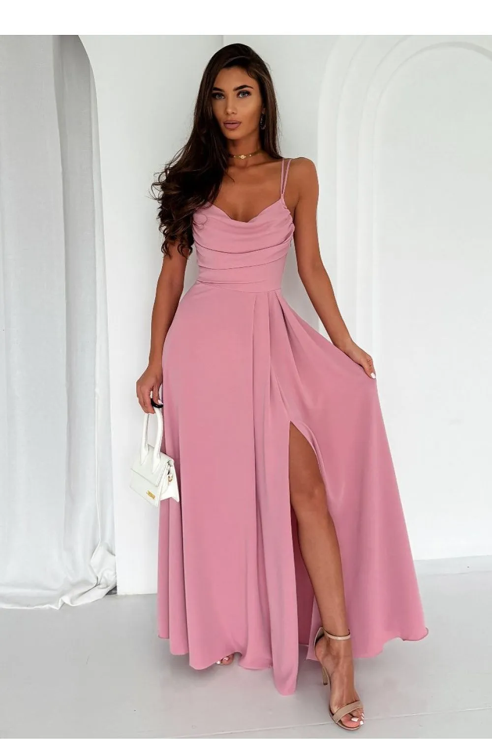 Elegant water neck long formal dress with a slit