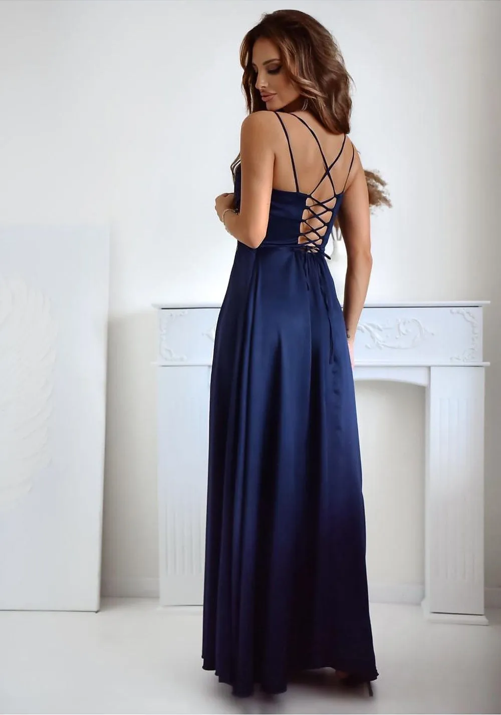 Elegant water neck long formal dress with a slit