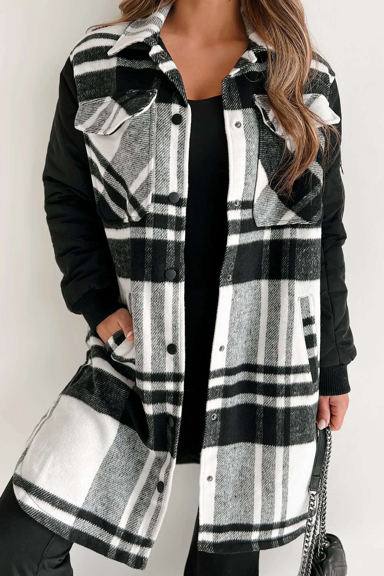 Embracing The Chill Quilted Sleeve Plaid Coat (Black)