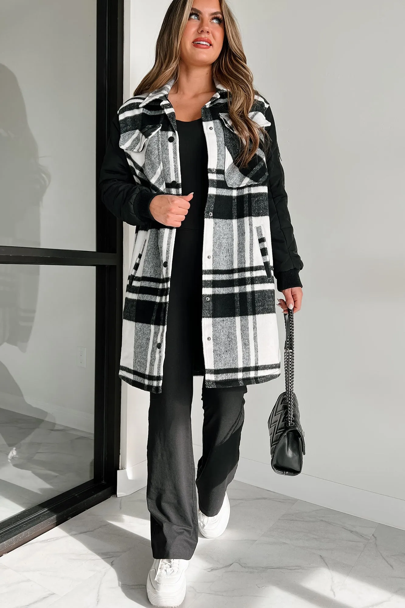 Embracing The Chill Quilted Sleeve Plaid Coat (Black)