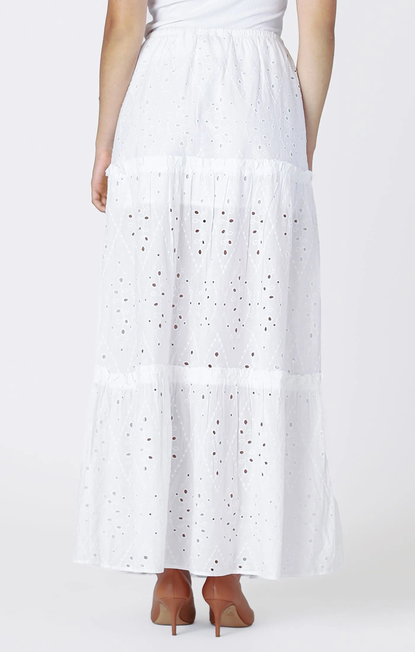 Embroidered Eylet Maxi Skirt - White
