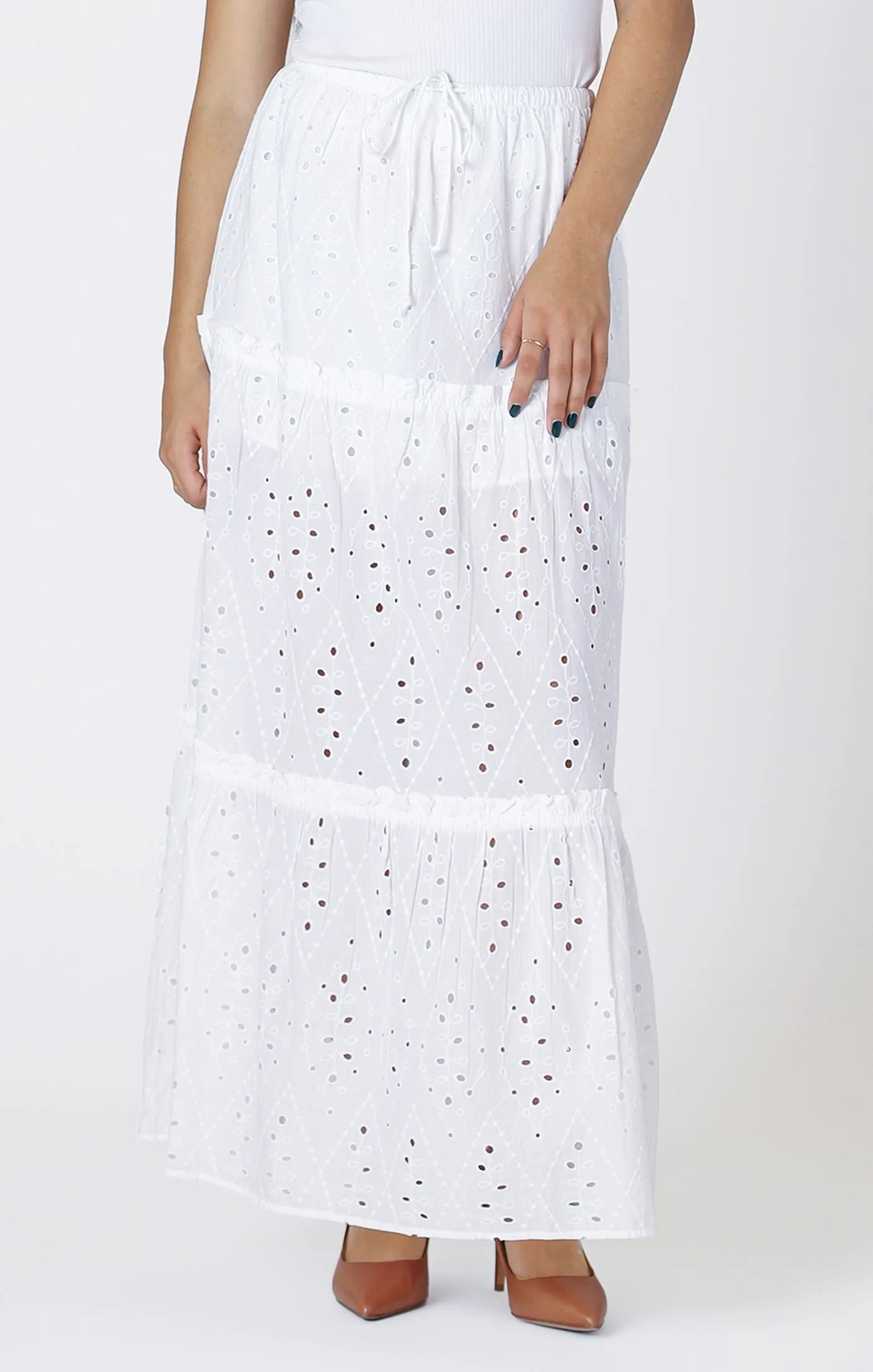 Embroidered Eylet Maxi Skirt - White
