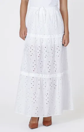 Embroidered Eylet Maxi Skirt - White