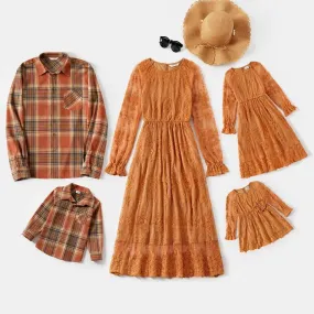 Family Matching Outfit Lace Long Sleeve Dress and Shirts Sets