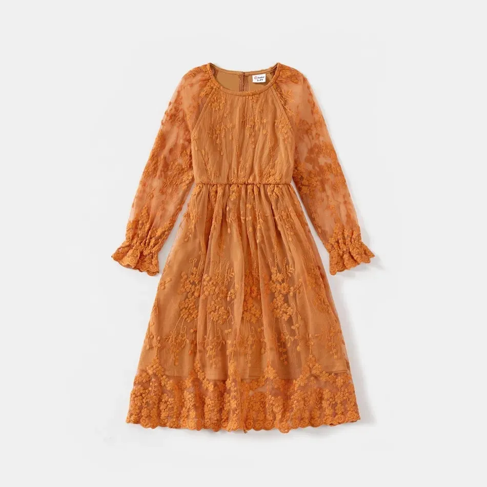 Family Matching Outfit Lace Long Sleeve Dress and Shirts Sets