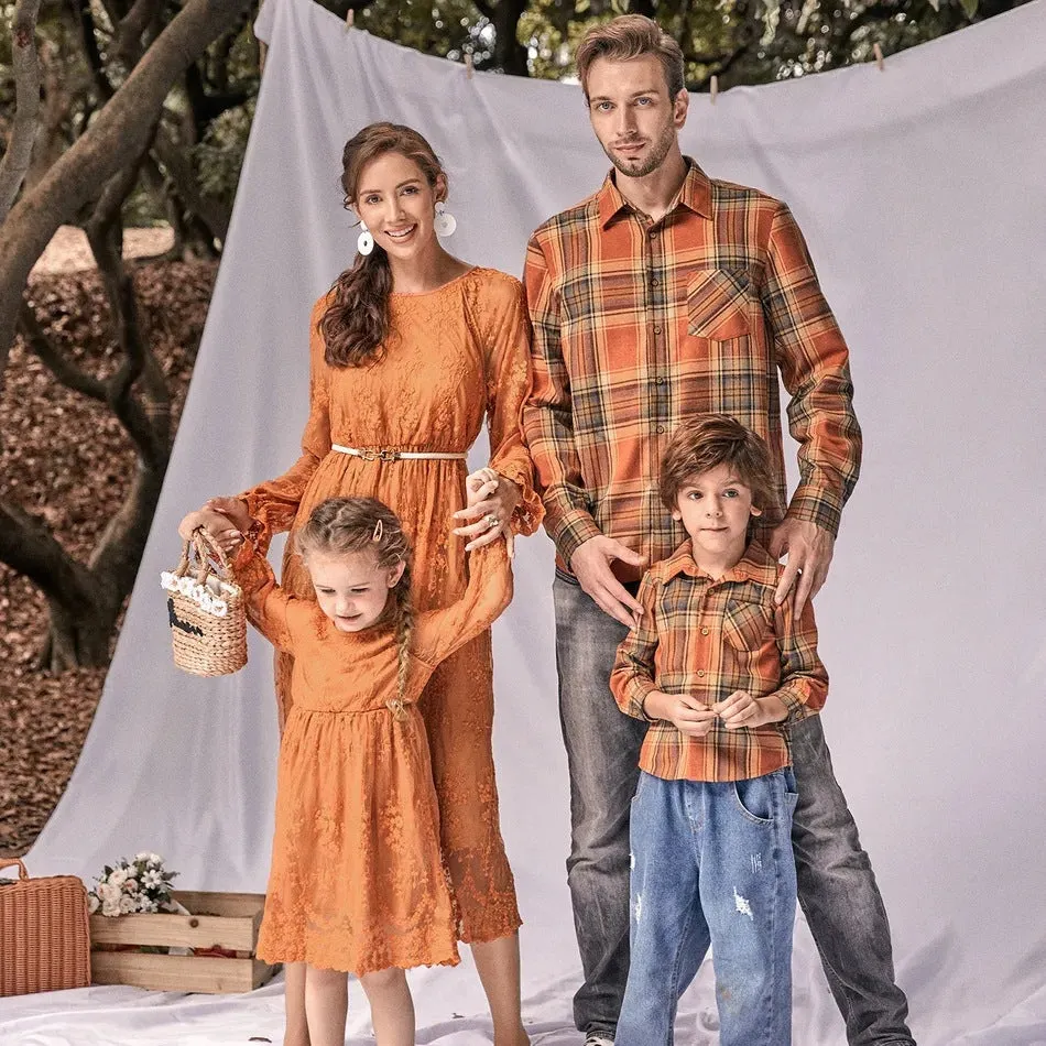Family Matching Outfit Lace Long Sleeve Dress and Shirts Sets