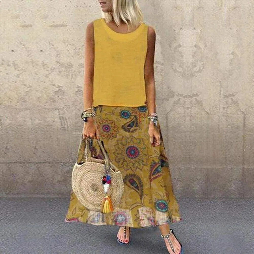 FashionSierra - Plus Size Bohemian Women 2 Pcs Casual Set Summer Sleeveless T-shirt Tee Top   Floral Dress Skirt Beach Holiday Suit