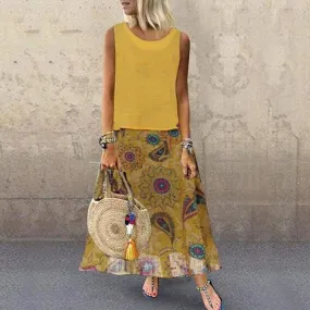 FashionSierra - Plus Size Bohemian Women 2 Pcs Casual Set Summer Sleeveless T-shirt Tee Top   Floral Dress Skirt Beach Holiday Suit