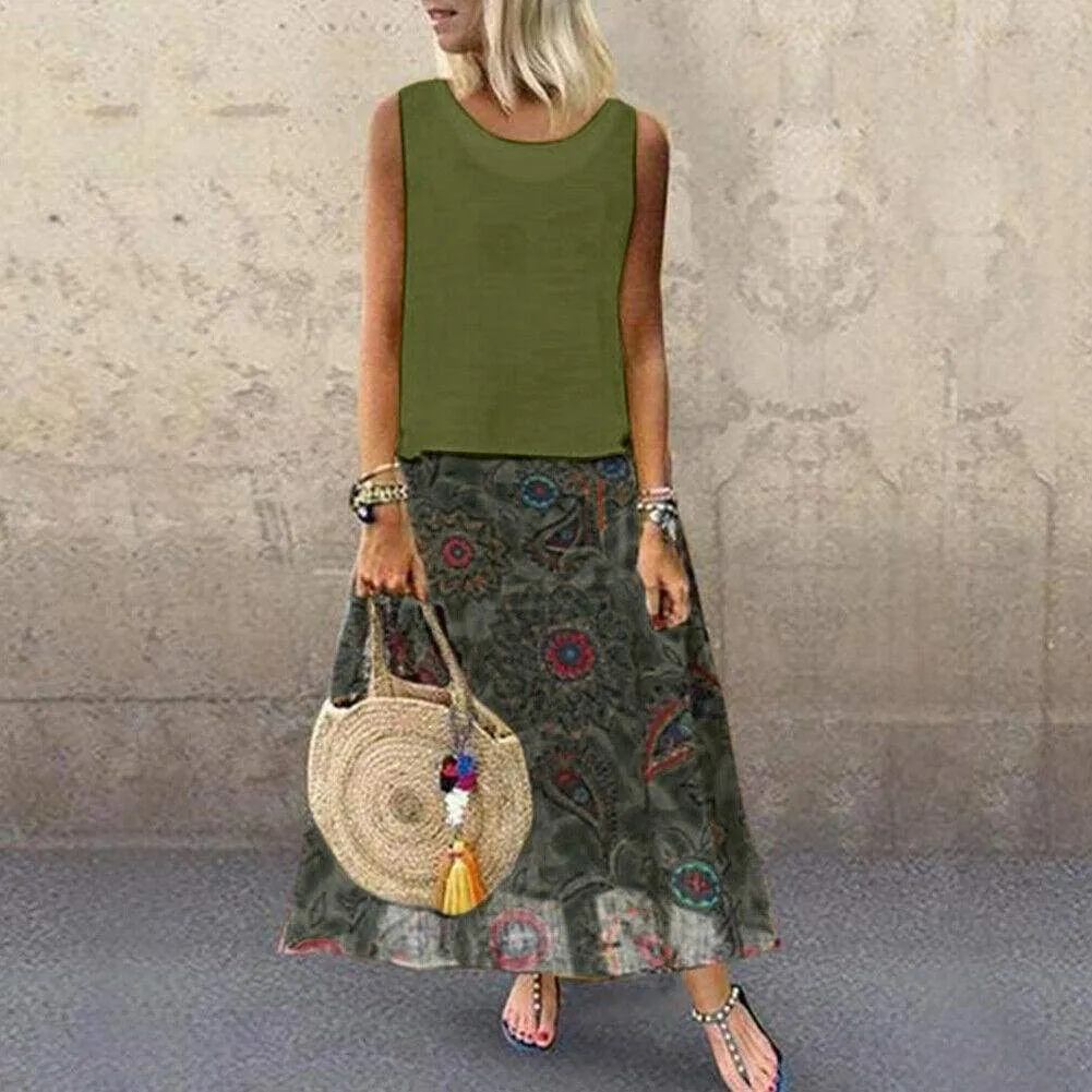 FashionSierra - Plus Size Bohemian Women 2 Pcs Casual Set Summer Sleeveless T-shirt Tee Top   Floral Dress Skirt Beach Holiday Suit