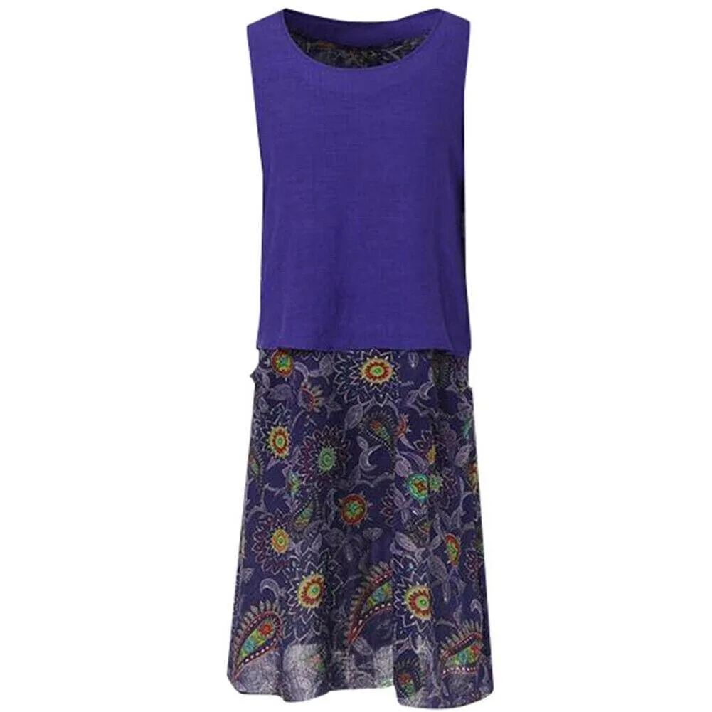 FashionSierra - Plus Size Bohemian Women 2 Pcs Casual Set Summer Sleeveless T-shirt Tee Top   Floral Dress Skirt Beach Holiday Suit
