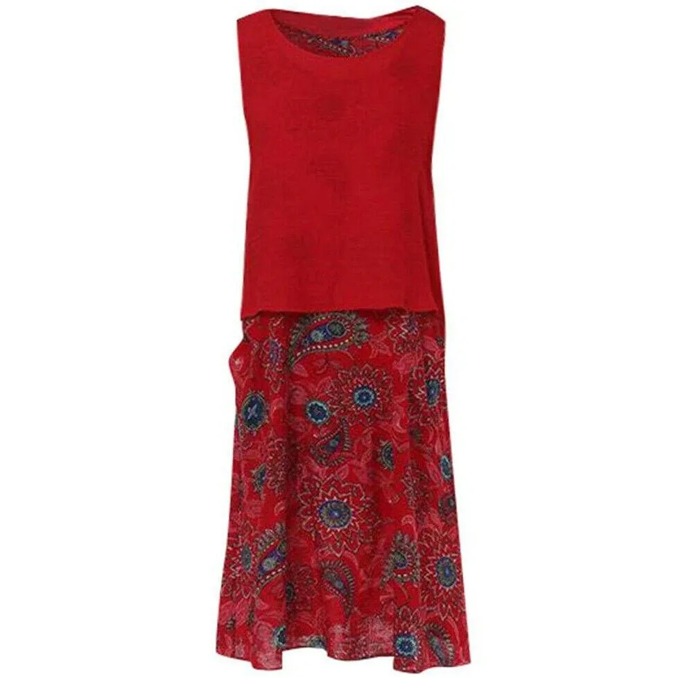 FashionSierra - Plus Size Bohemian Women 2 Pcs Casual Set Summer Sleeveless T-shirt Tee Top   Floral Dress Skirt Beach Holiday Suit