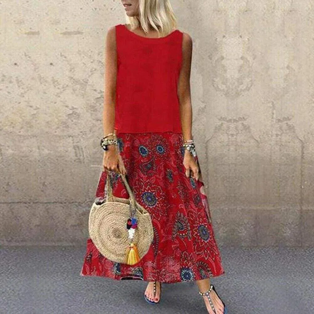 FashionSierra - Plus Size Bohemian Women 2 Pcs Casual Set Summer Sleeveless T-shirt Tee Top   Floral Dress Skirt Beach Holiday Suit