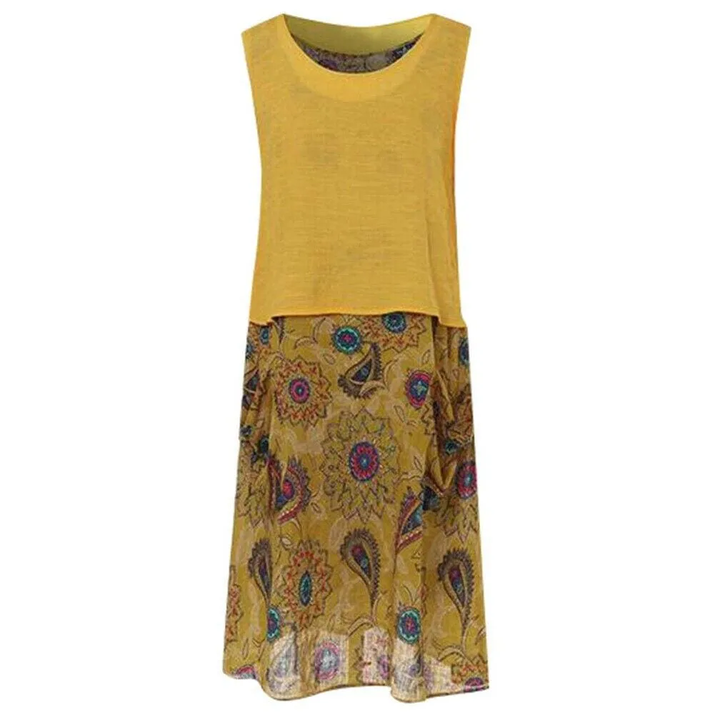 FashionSierra - Plus Size Bohemian Women 2 Pcs Casual Set Summer Sleeveless T-shirt Tee Top   Floral Dress Skirt Beach Holiday Suit