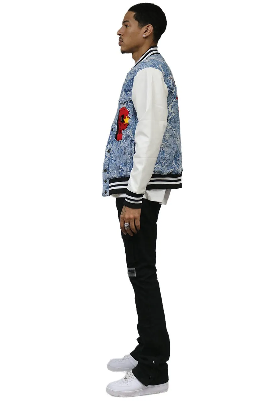 FLEX Men's Jacquard Body with faux Leather Sleeve Varsity Jacket