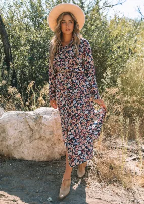 Floral Long Sleeve Belted Collared Shirt Dress