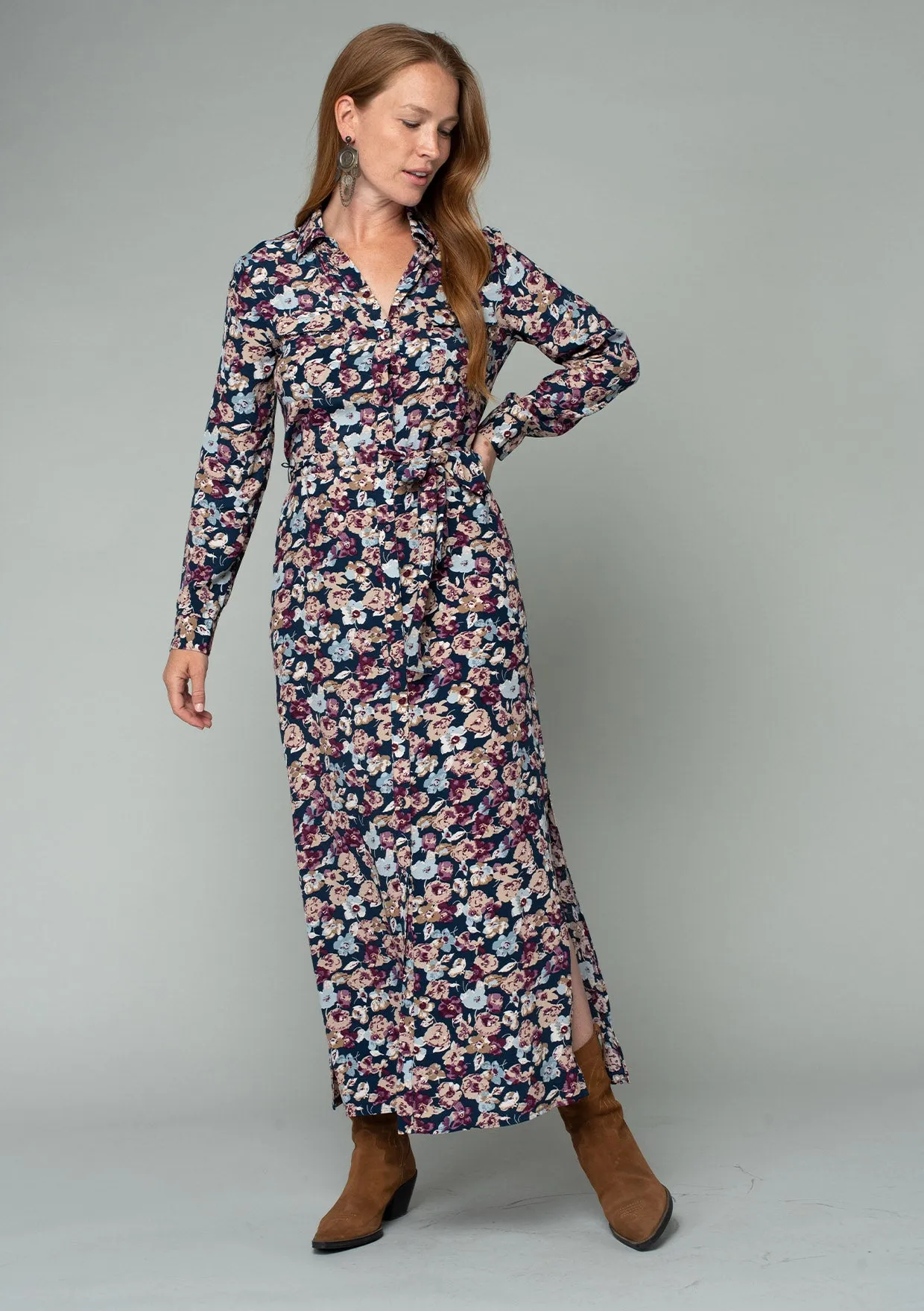 Floral Long Sleeve Belted Collared Shirt Dress
