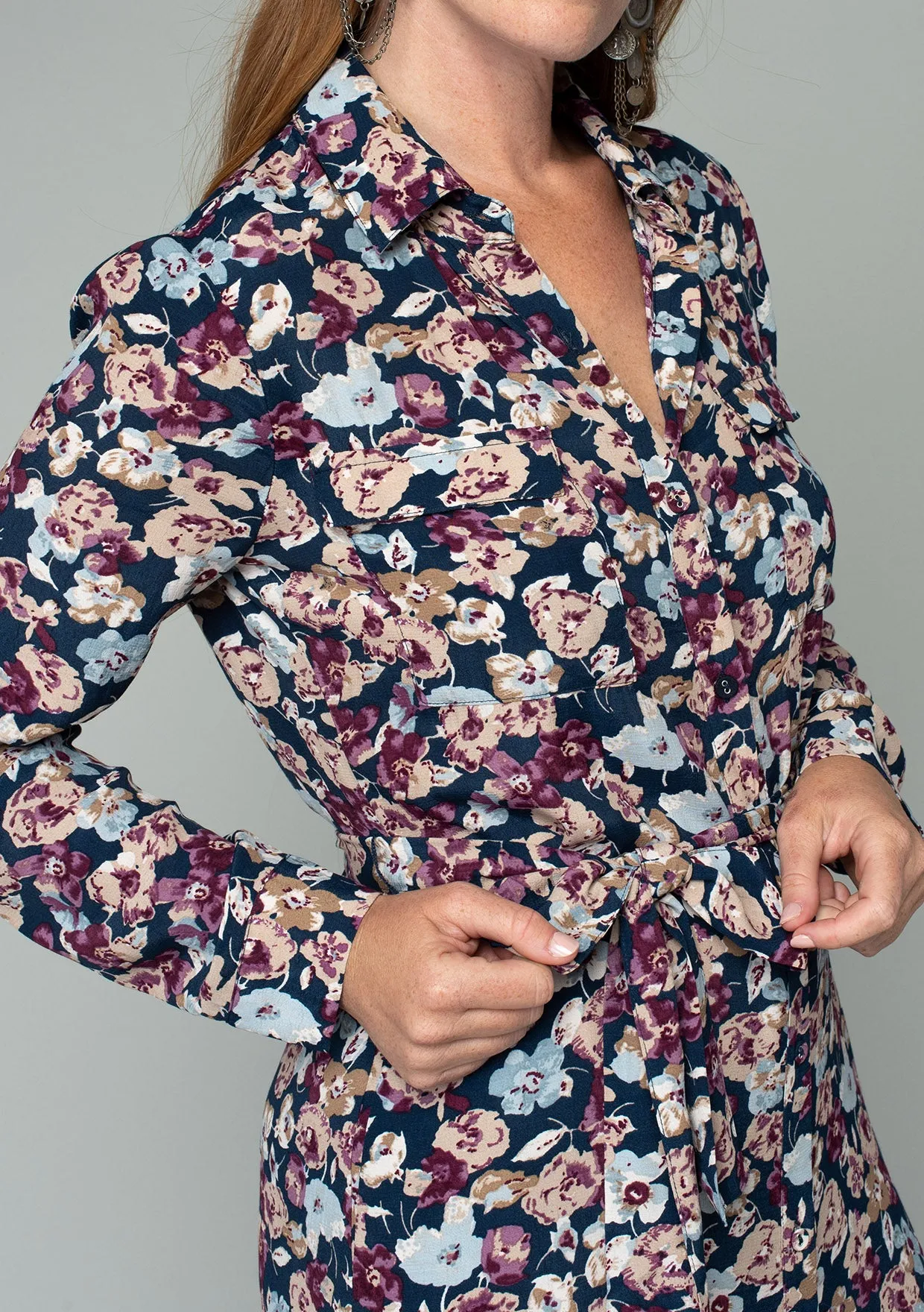 Floral Long Sleeve Belted Collared Shirt Dress
