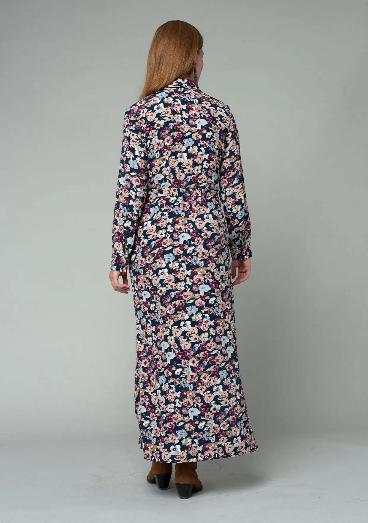 Floral Long Sleeve Belted Collared Shirt Dress