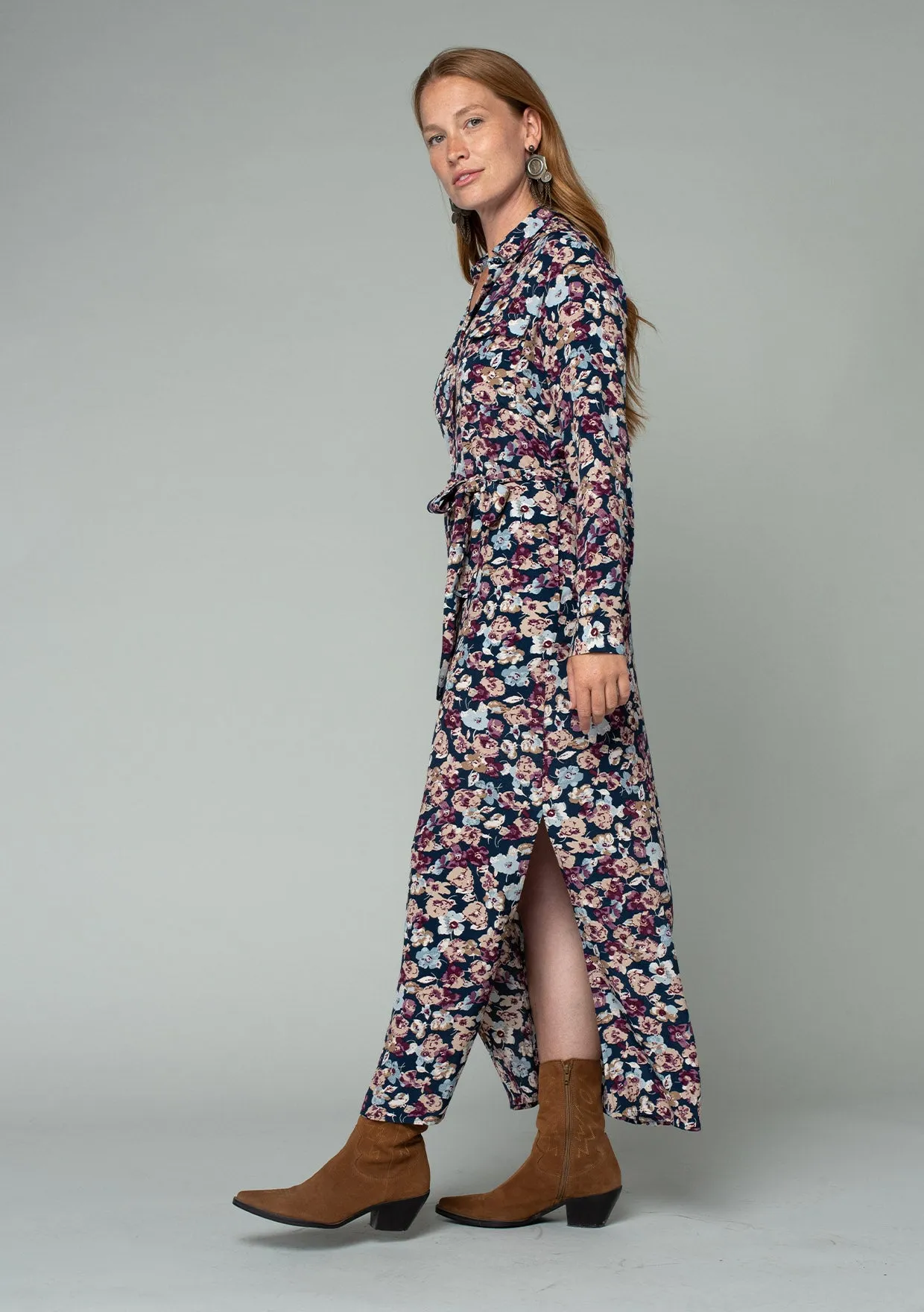 Floral Long Sleeve Belted Collared Shirt Dress