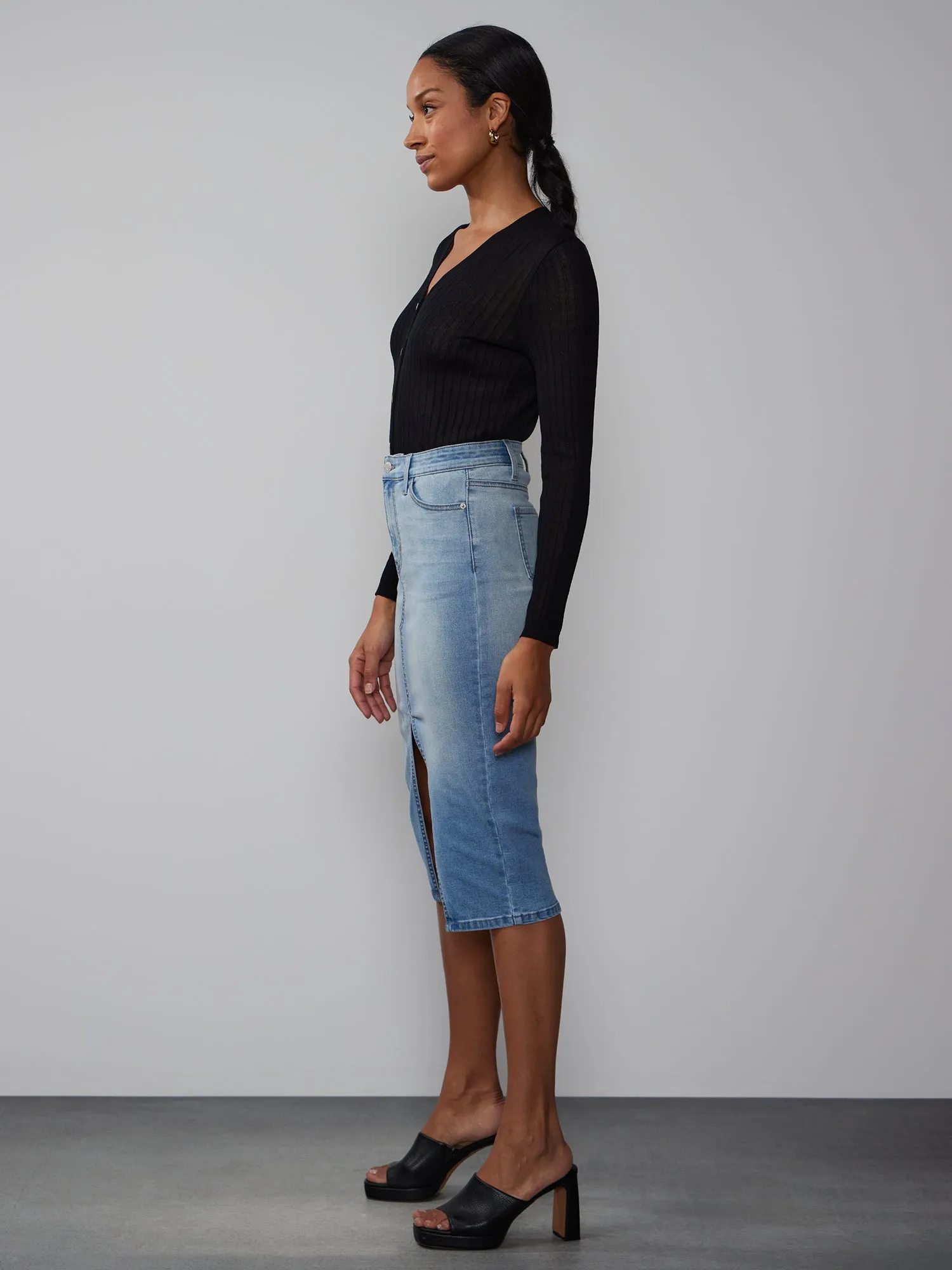 Front Split Denim Midi Skirt