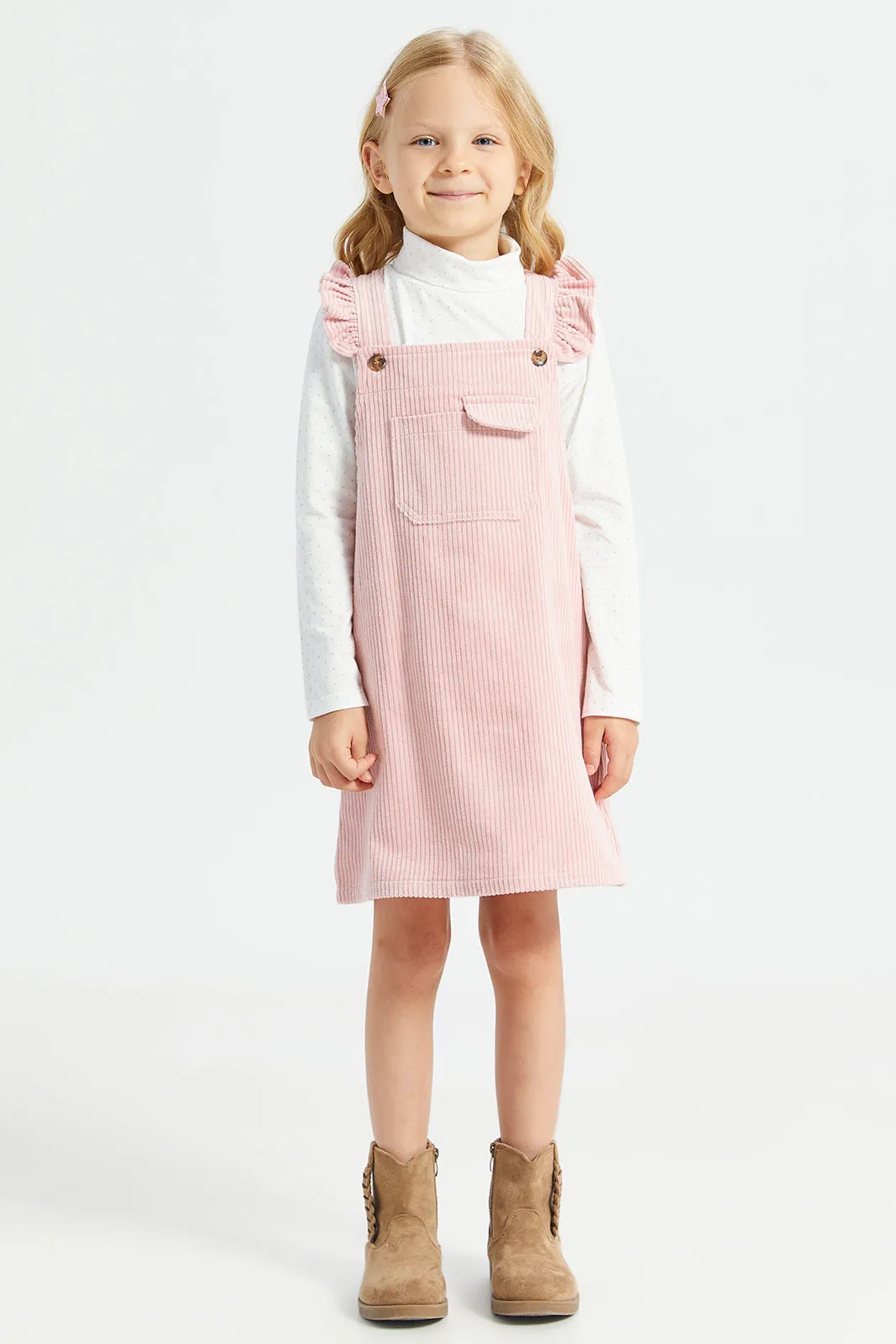 Girls Pink And White Dress With T-Shirt Set (2 Piece)