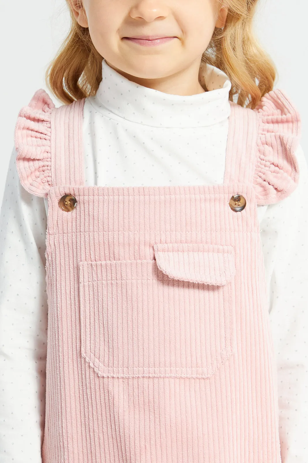 Girls Pink And White Dress With T-Shirt Set (2 Piece)