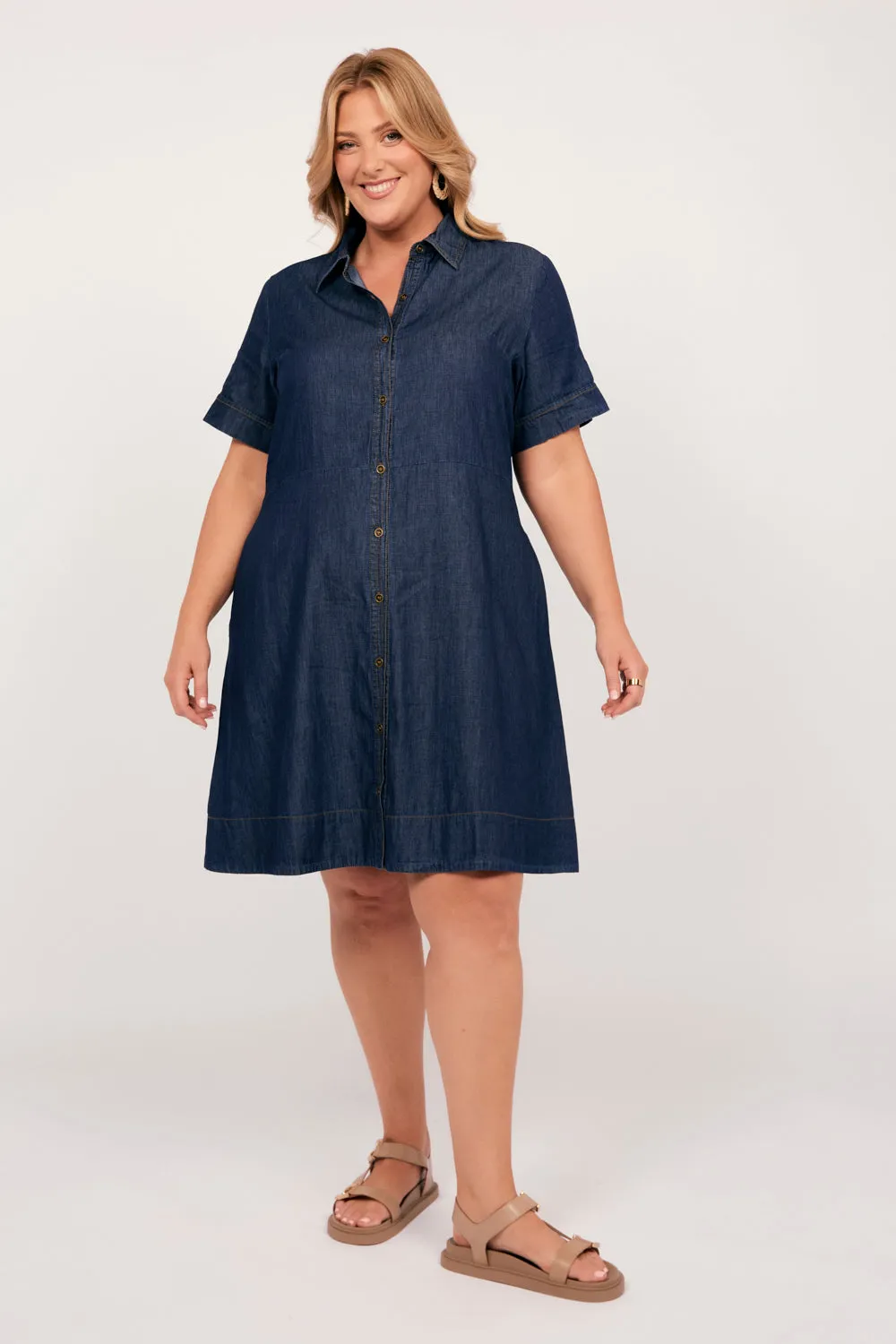 Gracie Chambray Short Dress in Dark Wash