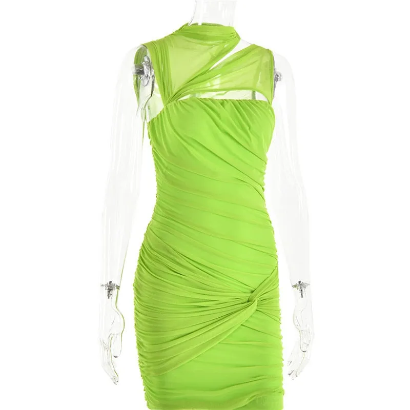 Green Mesh Ruched Neck Cut Trendy Out Design Bodycon Mini Dress