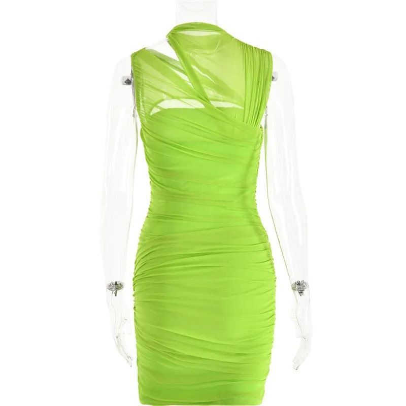 Green Mesh Ruched Neck Cut Trendy Out Design Bodycon Mini Dress
