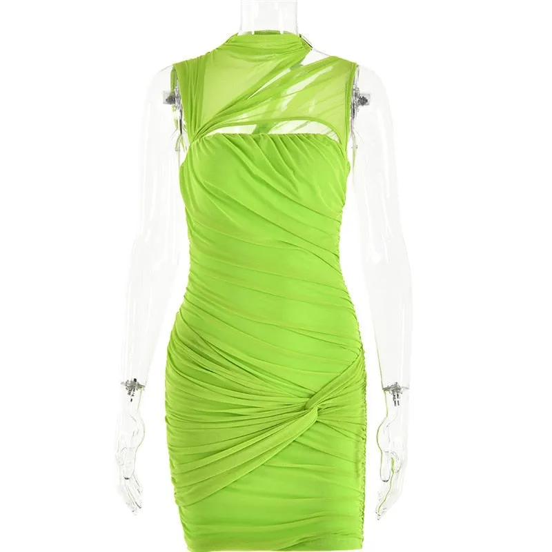 Green Mesh Ruched Neck Cut Trendy Out Design Bodycon Mini Dress